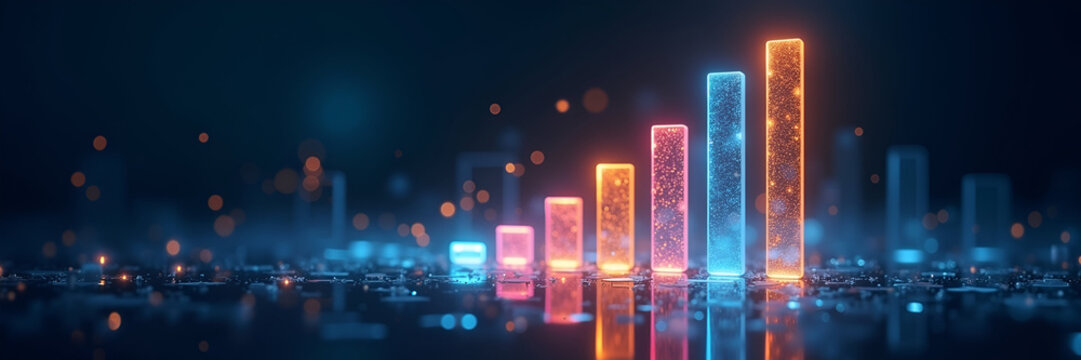 A holographic bar graph showcases expenses alongside optimizations, glowing dynamically. This design employs copy space for textual modifications or branding additions.