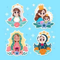 Set of Religious Stickers Featuring Virgin Mary Representations and Symbols