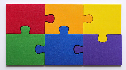 Completed Puzzle With Six Colorful Pieces Symbol For Autism Awareness In Red Green Blue Yellow Orange And Purple. Autism Puzzle Completed