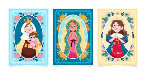 Set of Vertical Catholic Cards with Virgin Mary Art and Prayer Designs