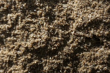 Macro background texture of coarse brown sand with natural grain detail. This earthy, abstract pattern creates rough, granular surface perfect for construction or material concepts