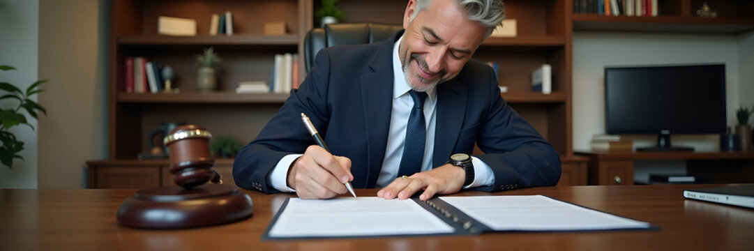 A satisfied middle-aged executive signing a legal document at his desk, reflecting professionalism and commitment in a well-furnished office, with substantial room for copy space.