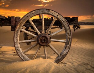Old Wooden Wagon Wheel in Desert Sand.