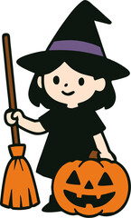Cute Little Girl in Witch Costume Holding Broom and Jack-o'-Lantern for Halloween Party