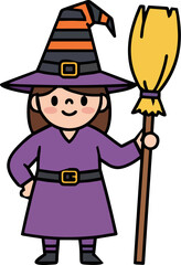 Simple Flat Design of Halloween Witch Kid Character in Purple Dress