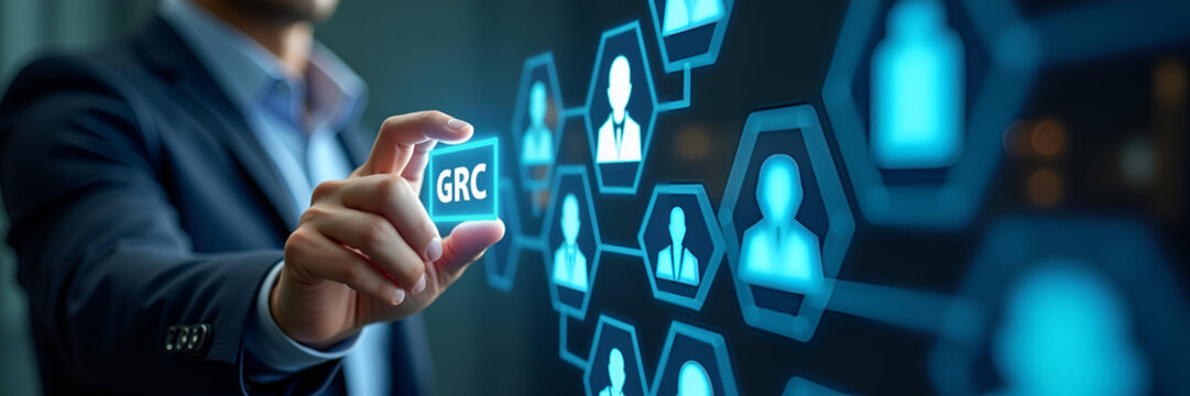 Businessman interacts with GRC icons on digital interface representing governance risk management compliance and business ethics in organizational management. concept as Businessman interacts with GRC