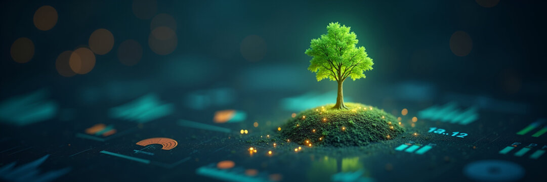 Capture the essence of climate initiatives with a glowing tree icon surrounded by detailed environmental metrics, leaving sufficient copy space for descriptive text.