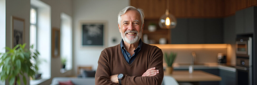 An older mature man with a confident demeanor, casually standing with arms crossed in his stylish home living room, smiling at the camera. The modern decor complements his approachable persona, allowi