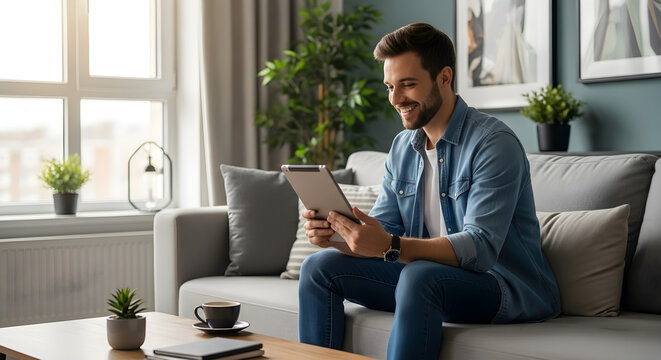 Relaxed millennial man using tablet on comfortable sofa in modern home interior.