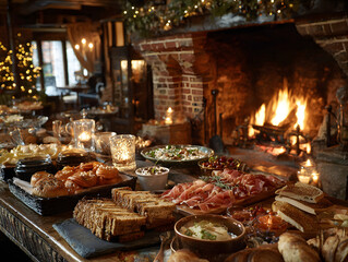 Buffet Lunch Christmas Tree and Log Fire