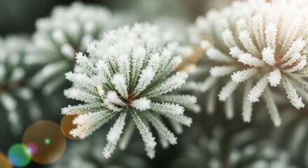 Frosted Pine Branches with Snow and Light Effects in Winter Scene