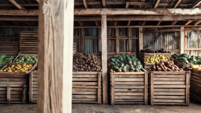 Rustic wooden structure holding crates full of fresh produce, including greens, broccoli, potatoes, and root vegetables