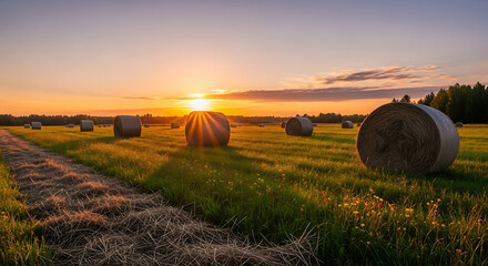 A meadow with scattered hay bales under a warm sunset