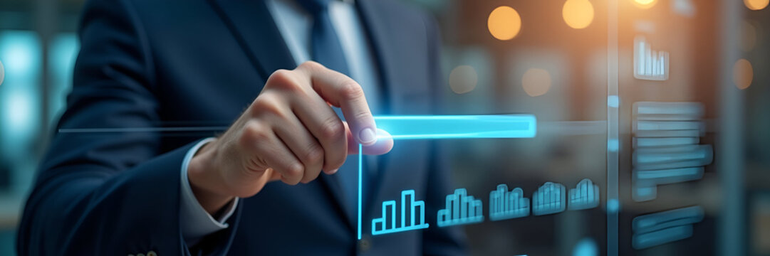 A businessman skillfully adjusting a virtual slider representing quality levels, visually indicating progress from poor to excellent standards in business practices, incorporating ample copy space aro