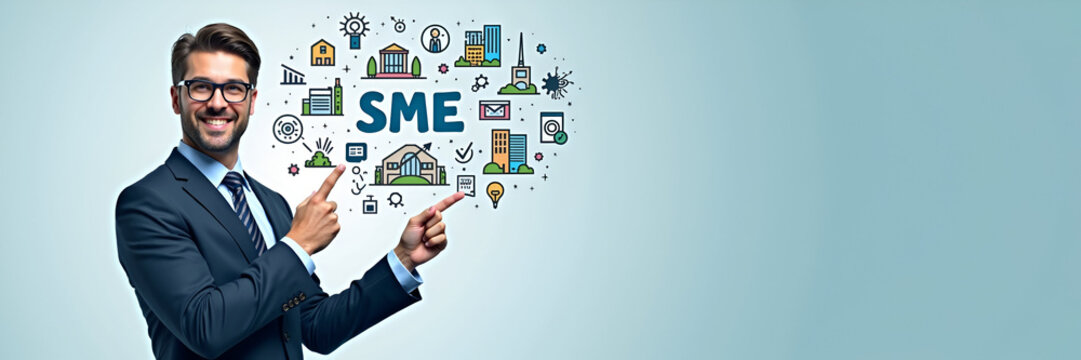 A businessman points toward an icon denoting SME growth, surrounded by various business-related imagery, symbolizing the development of small and medium enterprises with ample copy space.