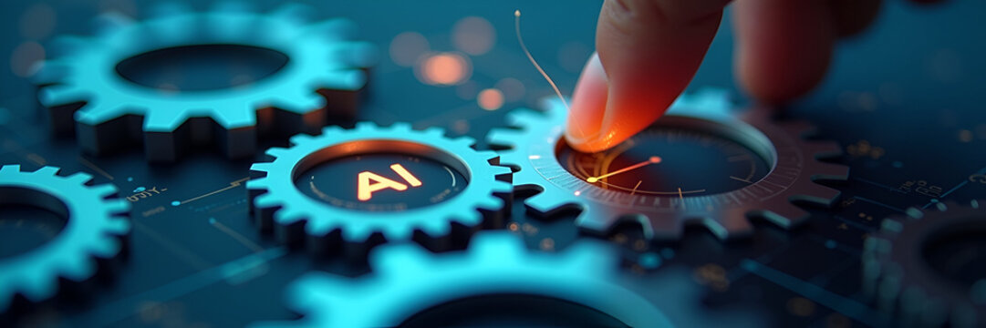 A close-up view of gears and AI icons being manually adjusted, symbolizing the implementation of automation, with focused copy space for a modern feel.
