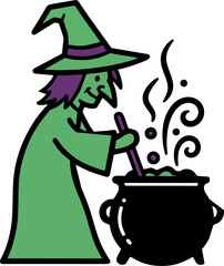 Halloween Witch Brewing Potion in Cauldron Cartoon Vector Illustration