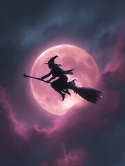 Witch Flying Past Pink Full Moon with Mystical Clouds and Broomstick