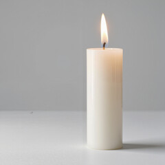 Single white candle on light gray background, minimalist serenity