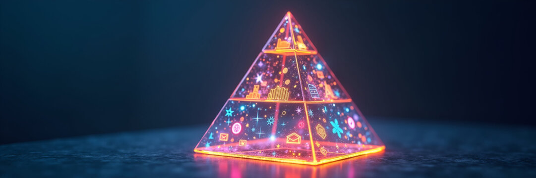 A holographic pyramid depicting corporate structures representing task hierarchies through vibrant icons, designed with a clear composition to enhance readability and provide copy space for additional