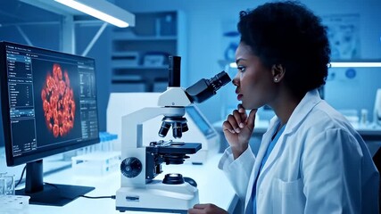 Female Scientist Using a Microscope and Computer for Medical Research in a Modern Laboratory - Powered by Adobe
