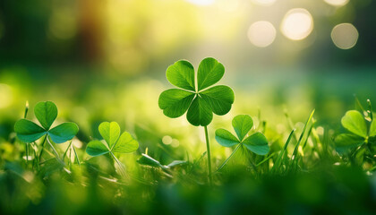 Vibrant Green Four Leaf Clover In A Lush Meadow Nature Foliage