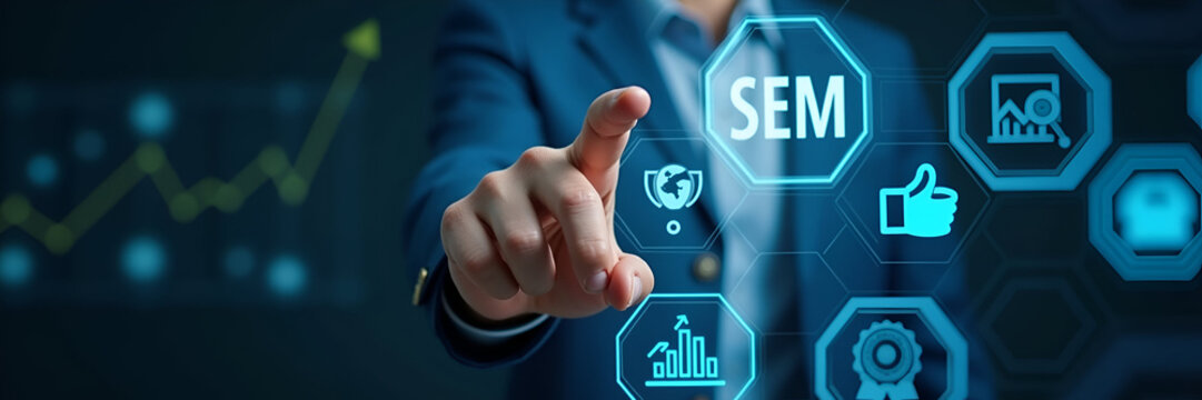 Businessman points to SEM icons on digital interface representing search engine marketing SEO strategies and online advertising rankings. concept as Businessman points to SEM icons on digital interfac