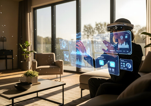 Man using virtual reality headset analyzing data and financial charts in modern living room.