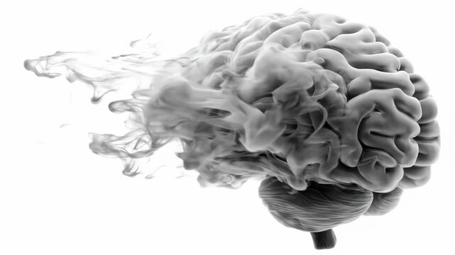 A grayscale image of a brain dissolving into wisps of smoke against a white background