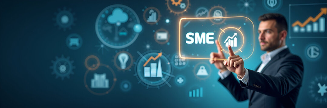 A businessman points toward an icon denoting SME growth, surrounded by various business-related imagery, symbolizing the development of small and medium enterprises with ample copy space.