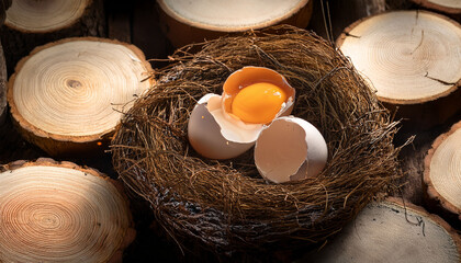 A Nest Of Eggs Cracked Open Among Cut Logs