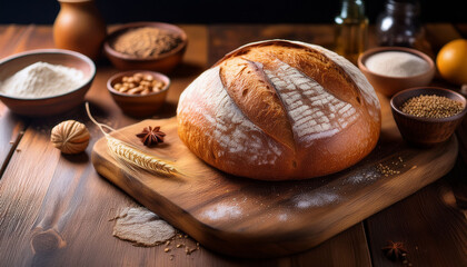 Freshly Baked Bread Loaf On A Wooden Board With Other Ingredients Natural Light