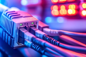 Close-up view of network cables plugged into a port with vibrant colorful lights in background
