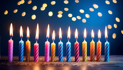 Colorful Birthday Candles Lit On A Dark Blue Background Celebration Festive Mood