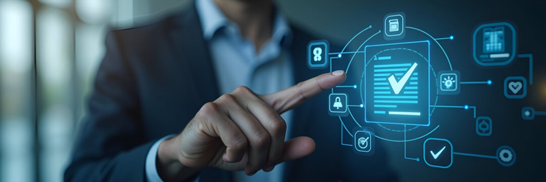 A businessman touching a digital document approval icon, reflecting the concept of quality control in business with sufficient copy space for textual elements.