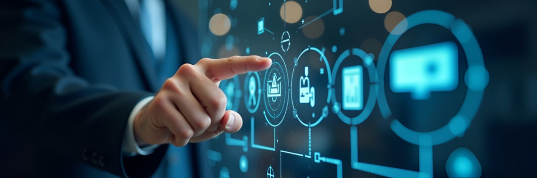 Showcase an innovation pipeline with a hand interacting with futuristic icons representing new product development while allowing for ample copy space for explanations.