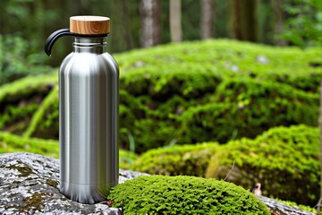 Portrait of a stylish metal water bottle with a wooden lid on a mossy rock in nature with copy space