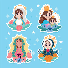 Set of Religious Stickers Featuring Virgin Mary Representations and Symbols