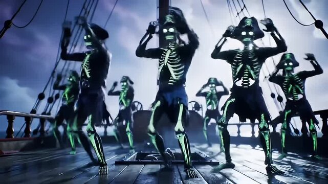Crew of Skeleton Pirates with Glowing Green Bones Dancing on a Ship Deck