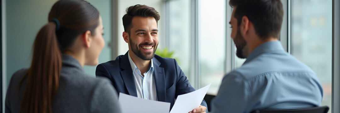 Professional young business man manager financial advisor consulting client having conversation sitting at work meeting. Two busy happy diverse male employees checking documents talking in office. con