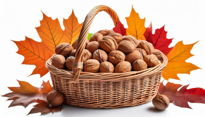 Wicker Basket Filled With Walnuts And Fall Colored Maple Leaves Isolated