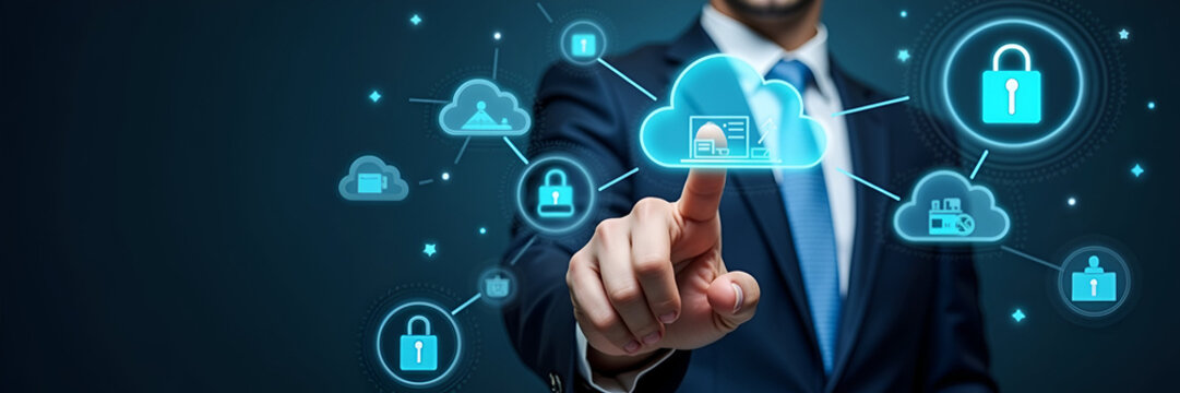 A businessman interacting with virtual icons that represent zero trust security, emphasizing cybersecurity measures like cloud protection and network security, framed with pertinent copy space for adv