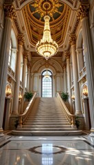 Elegant Grand Staircase with Opulent Chandelier and Luxurious Architectural Details in Classic Building Interior