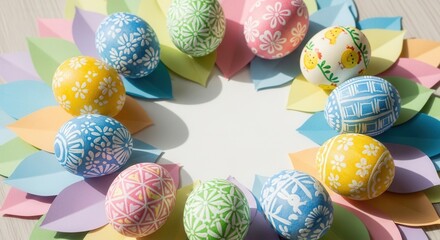A collection of colorful patterned eggs arranged on pastel paper cutouts creating a circular display
