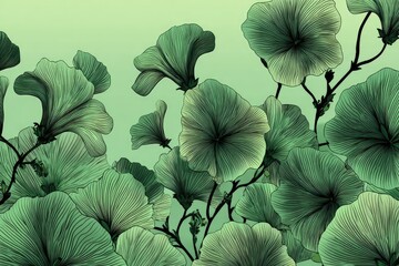 A lush, detailed illustration of stylized, pale green flowers