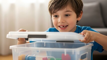 A young boy with missing teeth smiles as he opens a clear plastic container filled with colorful toys.