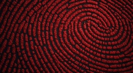 A detailed close-up of a red spiral fingerprint pattern on a dark background.  The ridges are textured and appear raised, giving a three-dimensional effect