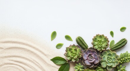 A collection of various green and purple succulents and cacti arranged on a white surface with light sand featuring wave patterns in the lower left corner