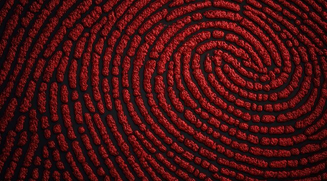 A detailed close-up of a red spiral fingerprint pattern on a dark background.  The ridges are textured and appear raised, giving a three-dimensional effect