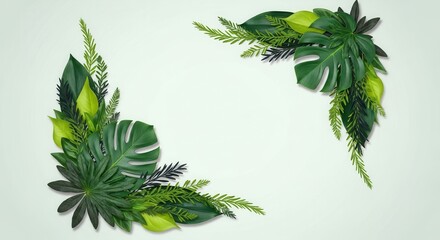 A decorative arrangement of various green leaves including broad and fern-like types positioned in the top right and bottom left corners of a light green background